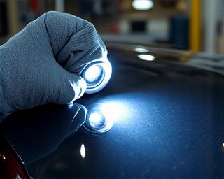 전문가가 특수 조명을 사용하여 차량 도장면을 검사하는 모습